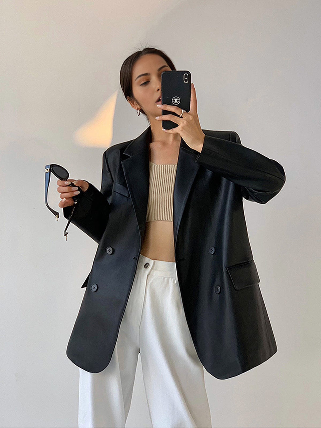 Blazer femme effet cuir, coupe ample, col à revers - Tessa