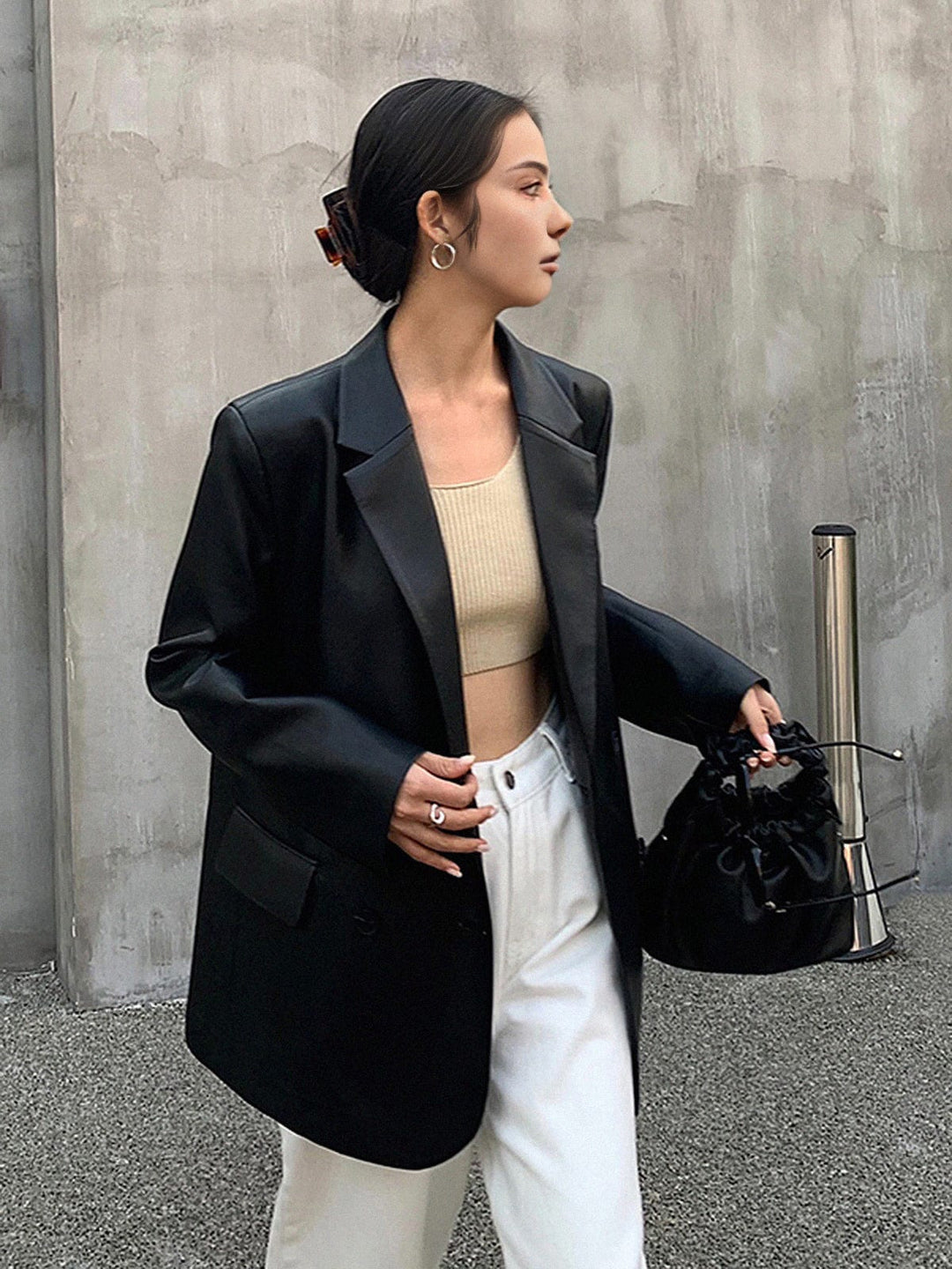 Blazer femme effet cuir, coupe ample, col à revers - Tessa