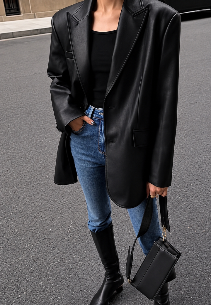 Blazer femme effet cuir, coupe ample, col à revers - Tessa