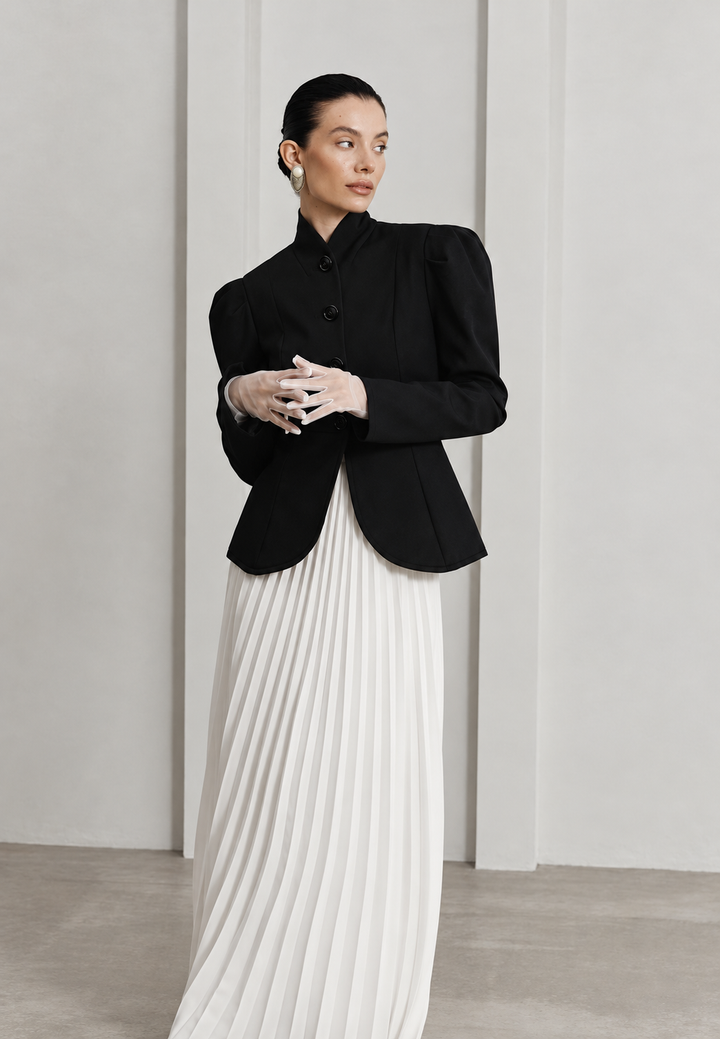 Blazer femme cintré à col mao et manches bouffantes - Leonor