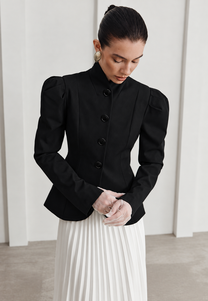 Blazer femme cintré à col mao et manches bouffantes - Leonor