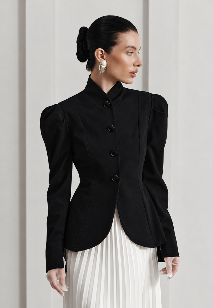 Blazer femme cintré à col mao et manches bouffantes - Leonor