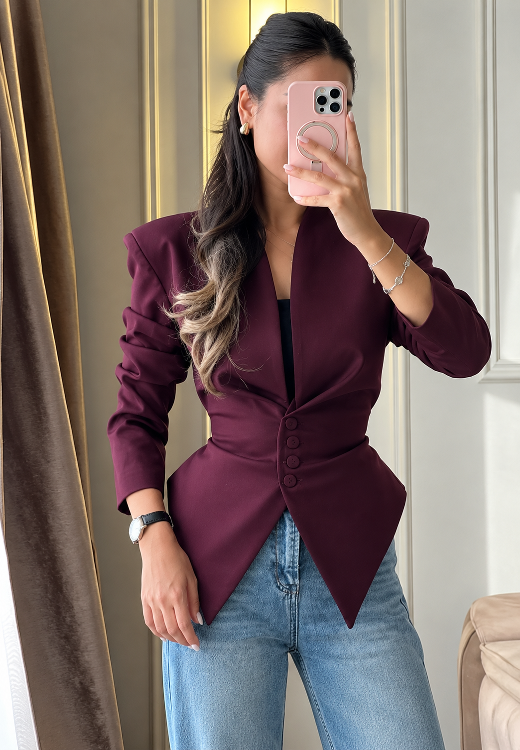 Blazer femme cintré asymétrique à épaulettes et boutons - Marlies