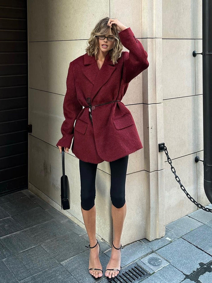 Blazer femme en laine, ceinture fine, revers en V - Ursula