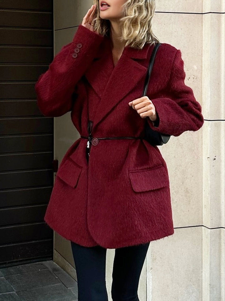 Blazer femme en laine, ceinture fine, revers en V - Ursula