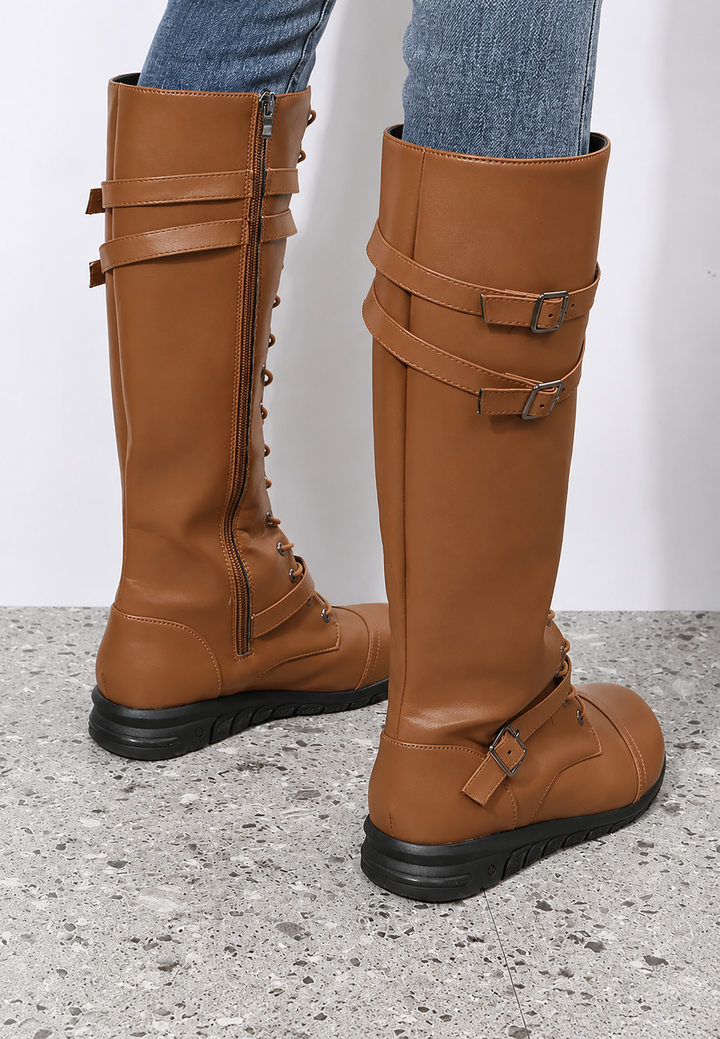 Bottes hautes femme style militaire lacets avant boucles métalliques - Bravena