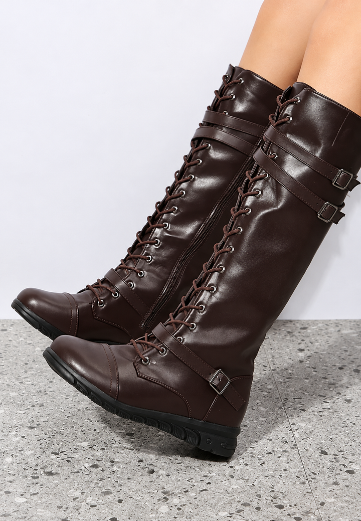 Bottes hautes femme style militaire lacets avant boucles métalliques - Bravena