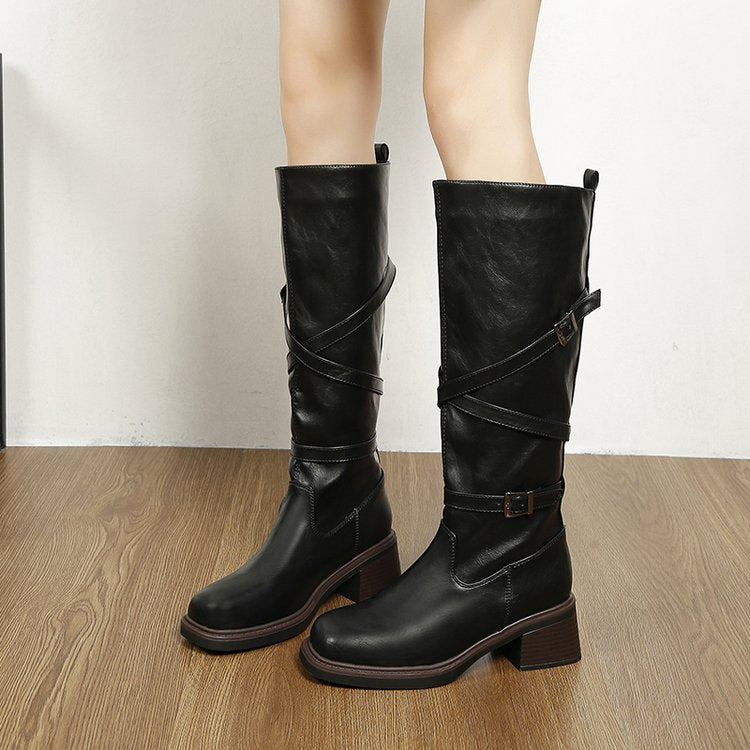 Bottes motardes pour femme à tige haute, boucles et semelle compensée - Danica