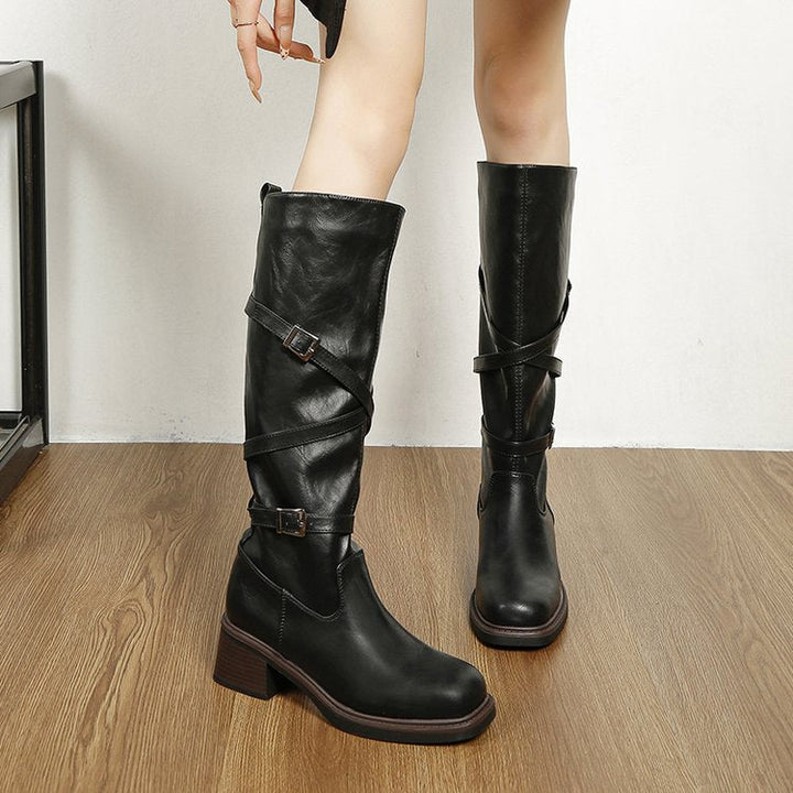 Bottes motardes pour femme à tige haute, boucles et semelle compensée - Danica