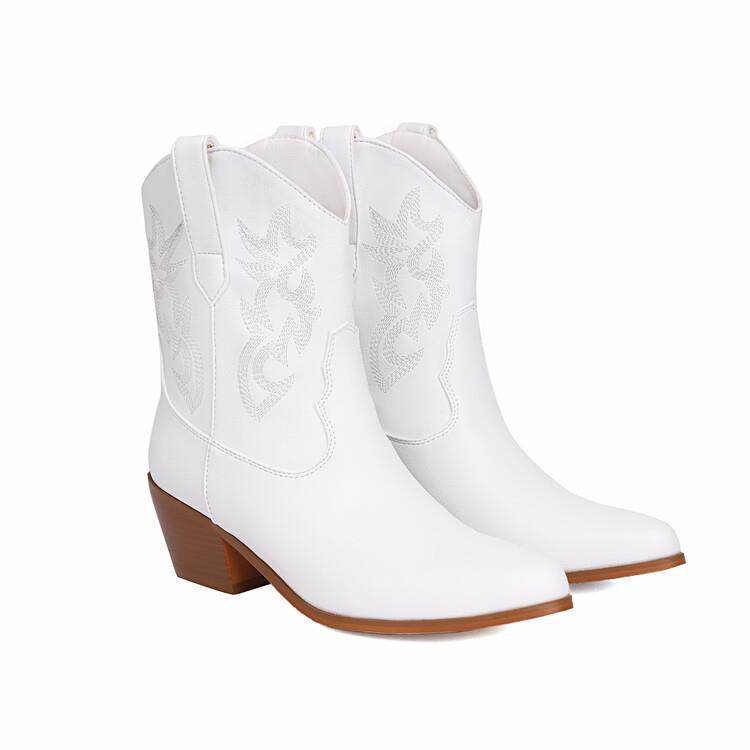 Bottes de cow-boy pour femme, tige mi-haute, brodées, talon large - Helga