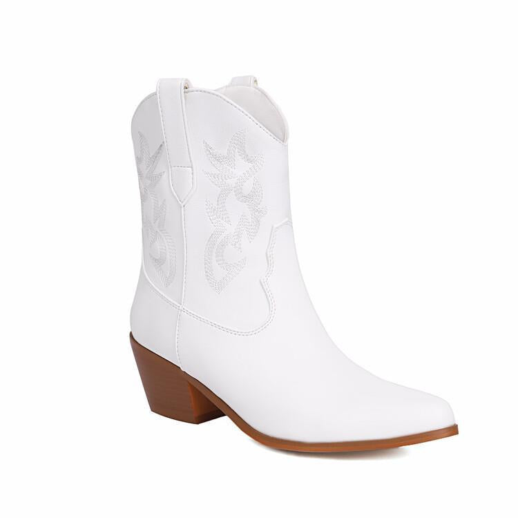 Bottes de cow-boy pour femme, tige mi-haute, brodées, talon large - Helga