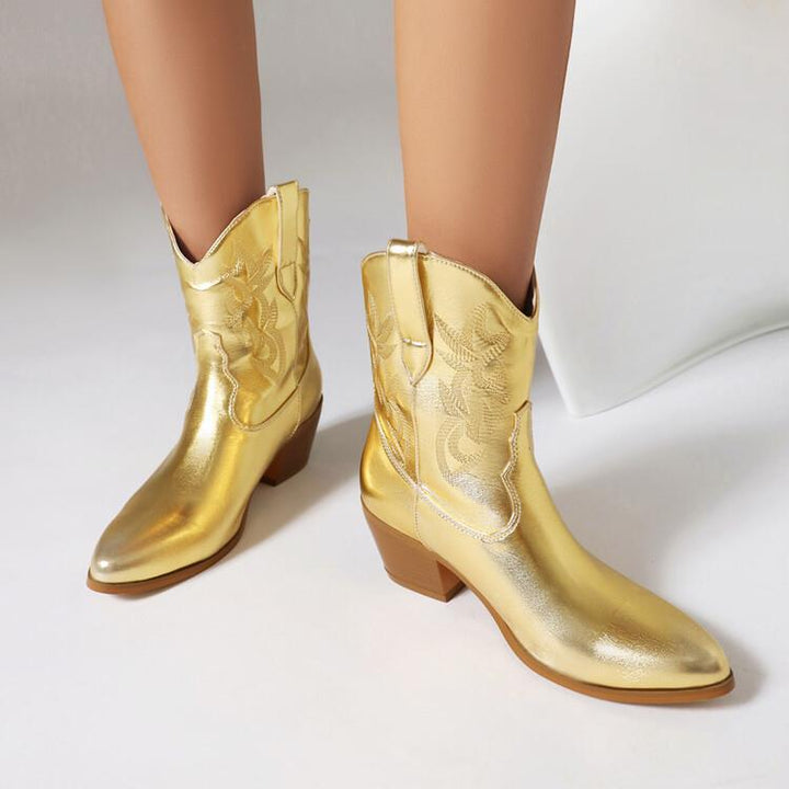 Bottes de cow-boy pour femme, tige mi-haute, brodées, talon large - Helga