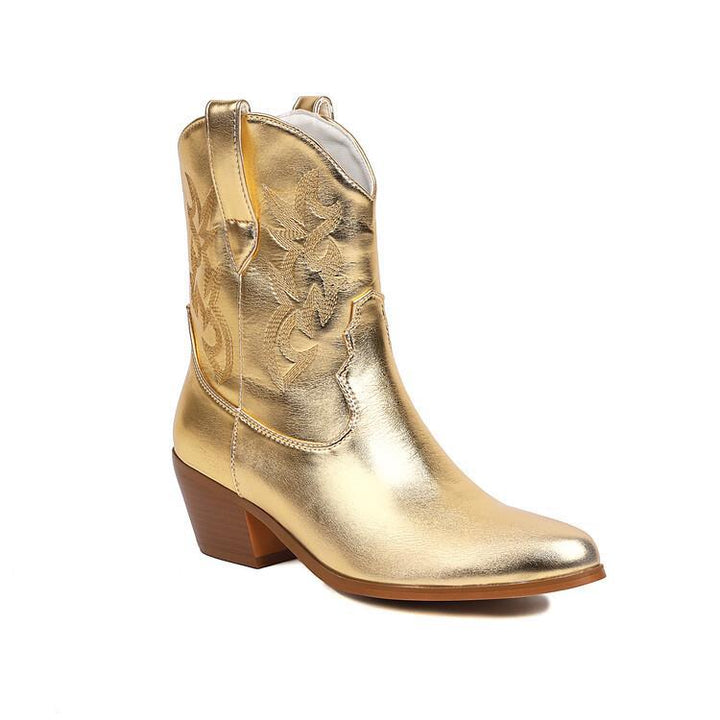Bottes de cow-boy pour femme, tige mi-haute, brodées, talon large - Helga