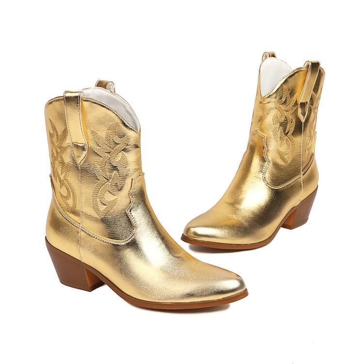 Bottes de cow-boy pour femme, tige mi-haute, brodées, talon large - Helga