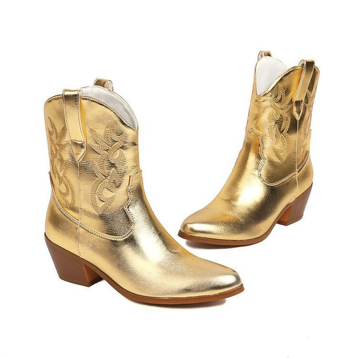 Bottes de cow-boy pour femme, tige mi-haute, brodées, talon large - Helga