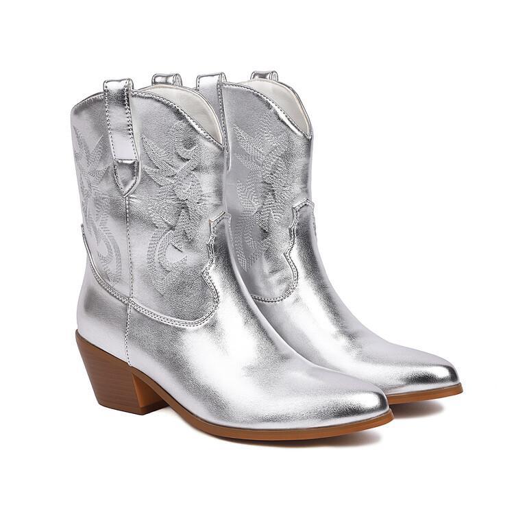 Bottes de cow-boy pour femme, tige mi-haute, brodées, talon large - Helga