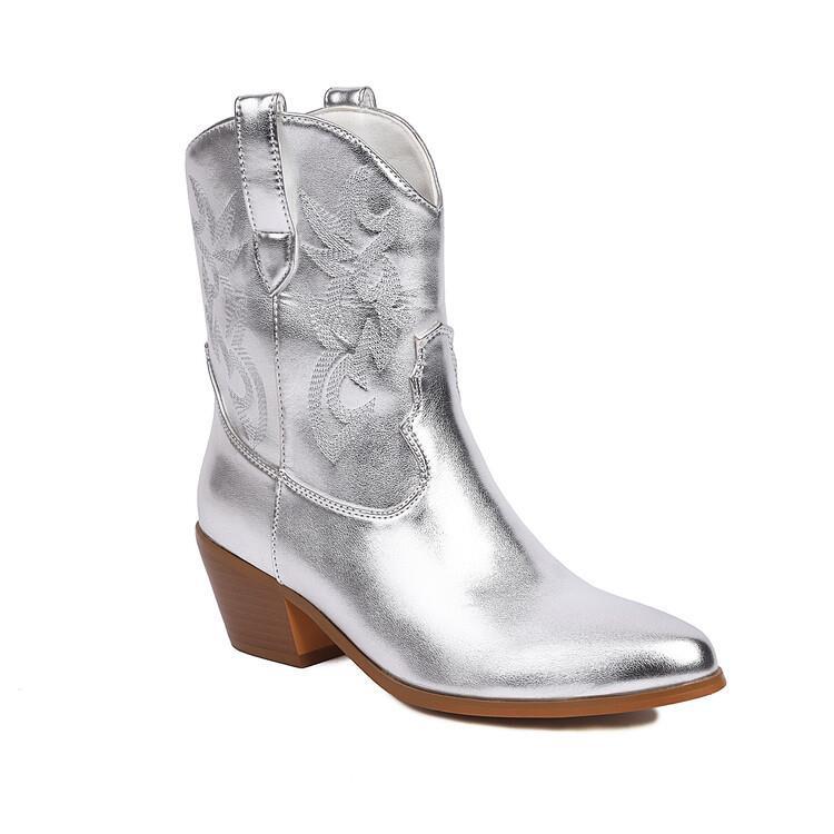 Bottes de cow-boy pour femme, tige mi-haute, brodées, talon large - Helga