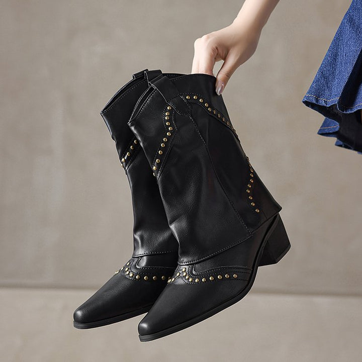 Bottes de cow-boy pour femme, tige mi-haute, clous, talon bloc - Maura