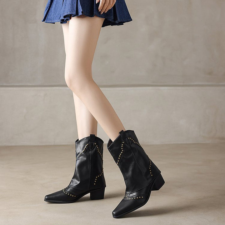 Bottes de cow-boy pour femme, tige mi-haute, clous, talon bloc - Maura