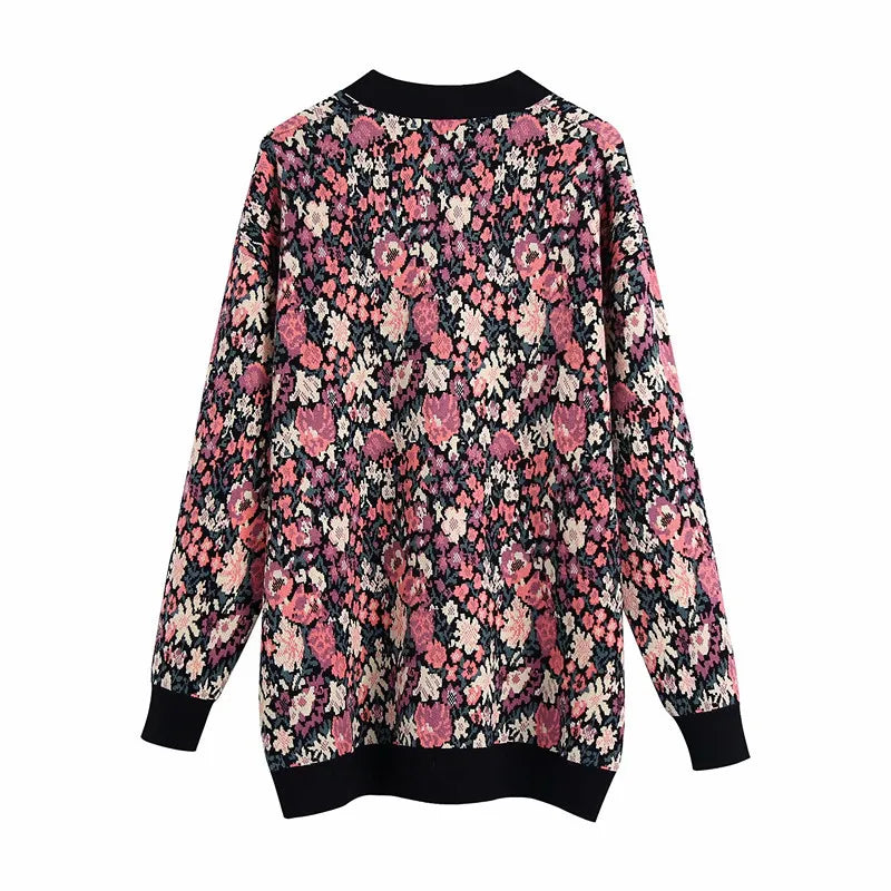 Cardigan tricoté à motif floral pour femme, avec boutons - Emilia