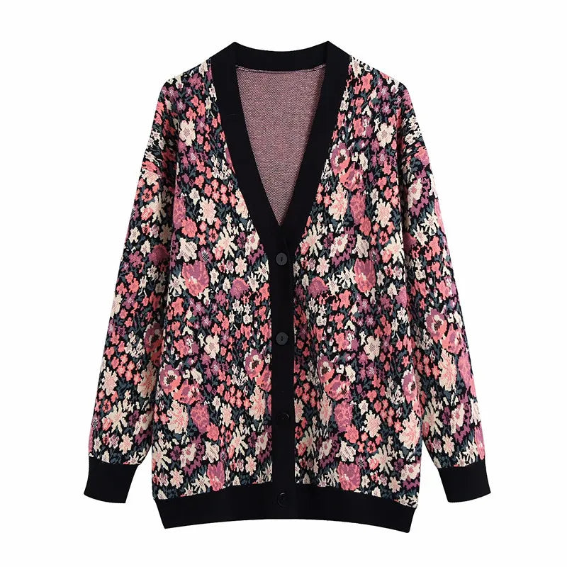 Cardigan tricoté à motif floral pour femme, avec boutons - Emilia