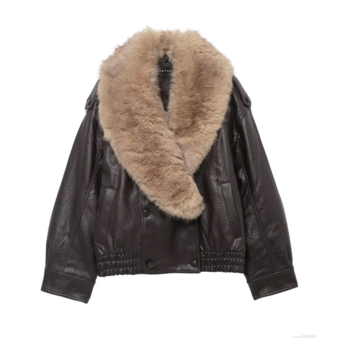 Veste femme effet cuir à large col effet fourrure - Nymera