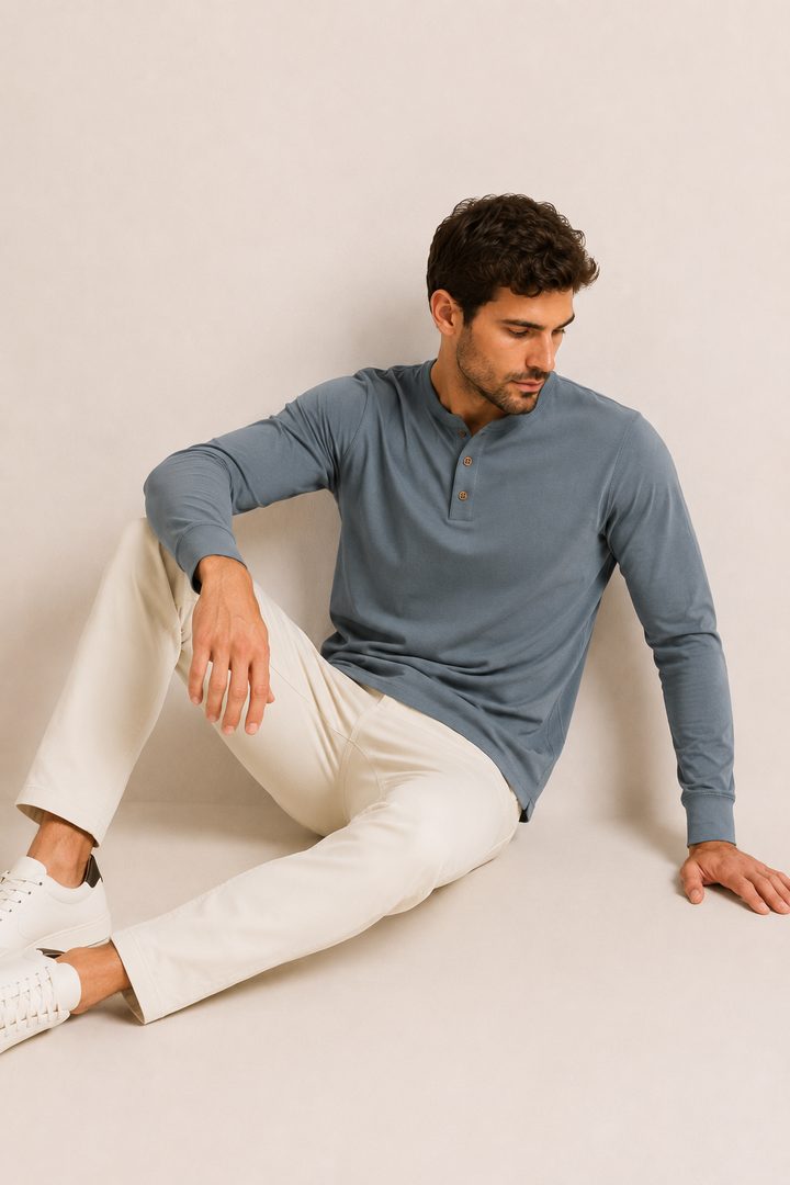 T-shirt homme à manches longues, col boulanger et trois boutons - Boris