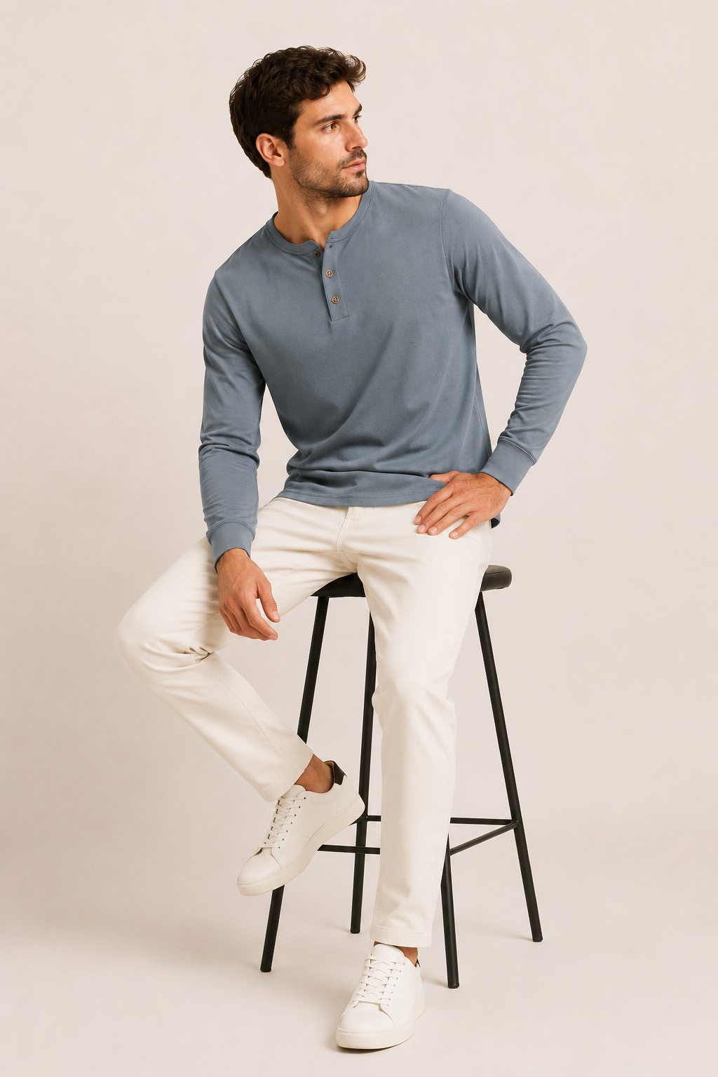 T-shirt homme à manches longues, col boulanger et trois boutons - Boris