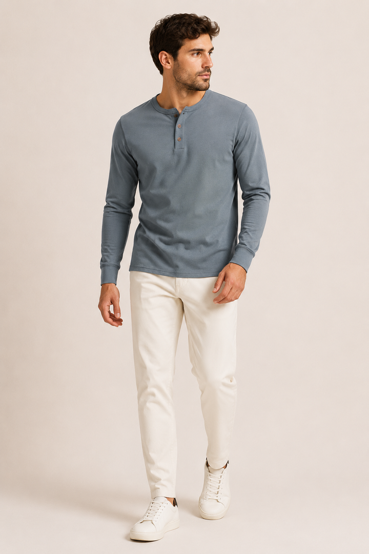 T-shirt homme à manches longues, col boulanger et trois boutons - Boris