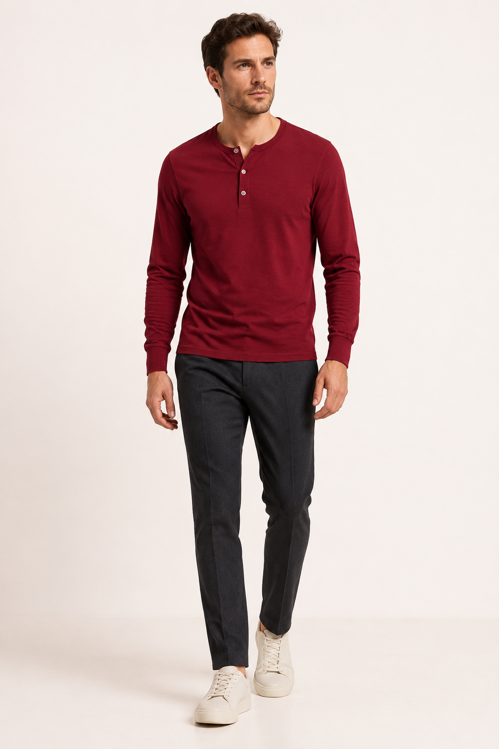T-shirt homme à manches longues, col boulanger et trois boutons - Boris