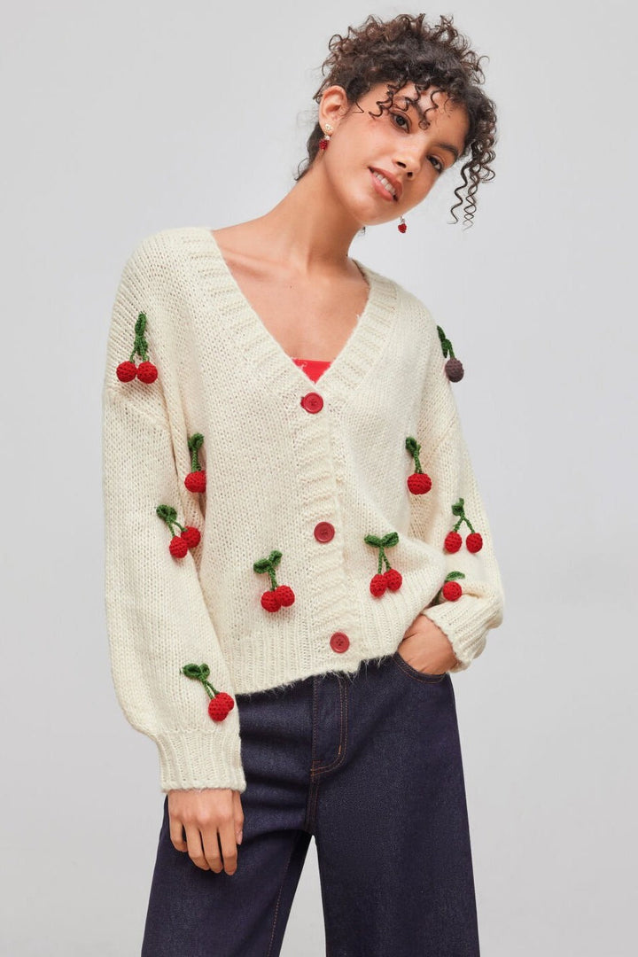 Cardigan ample en maille, col en V, avec des applications en forme de cerises - Frieda