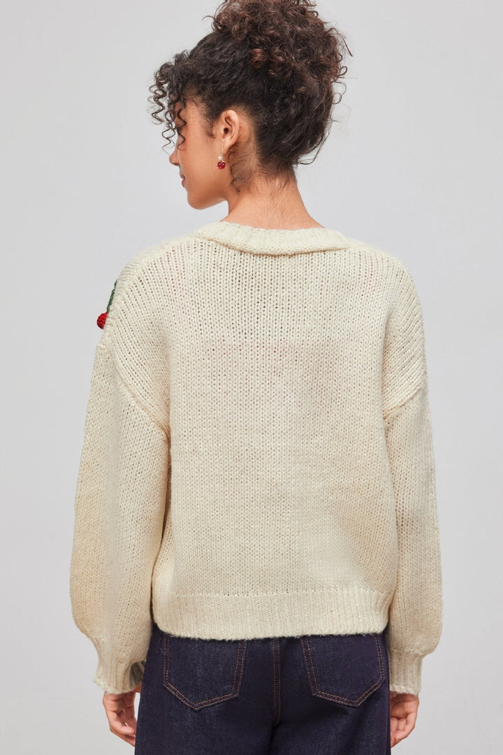 Cardigan ample en maille, col en V, avec des applications en forme de cerises - Frieda