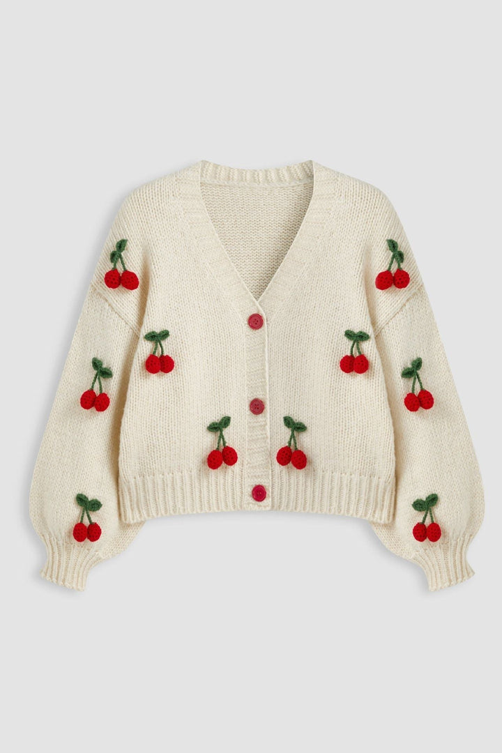 Cardigan ample en maille, col en V, avec des applications en forme de cerises - Frieda