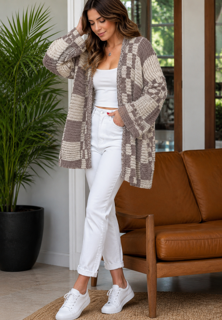 Cardigan tricoté à carreaux pour femme, manches longues, ouvert sur le devant - Bruna
