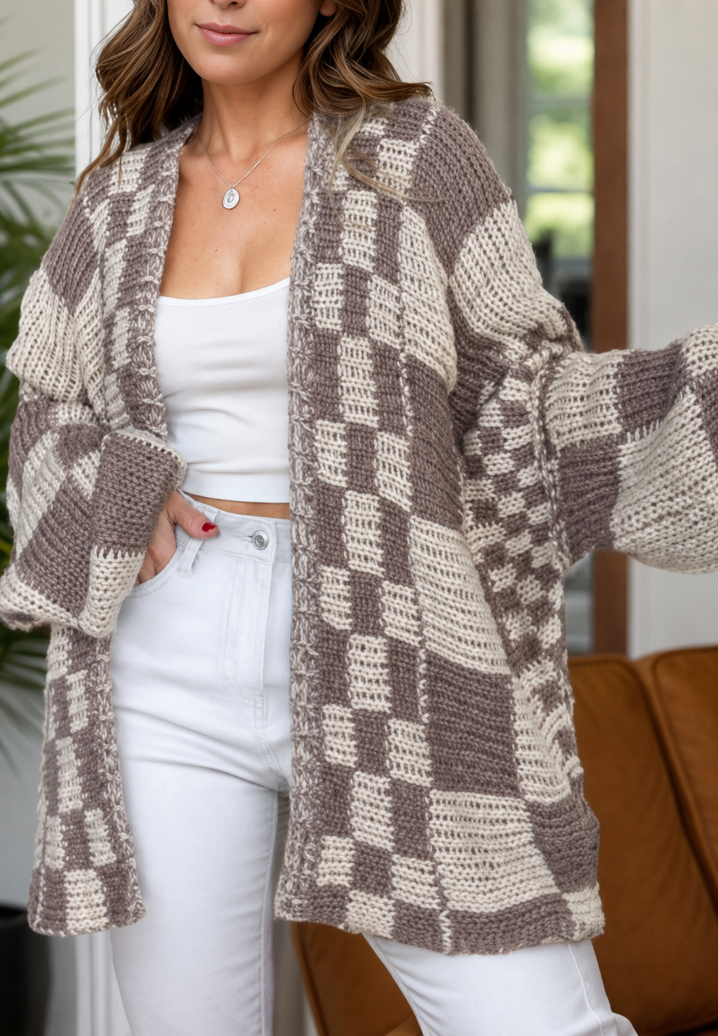 Cardigan tricoté à carreaux pour femme, manches longues, ouvert sur le devant - Bruna