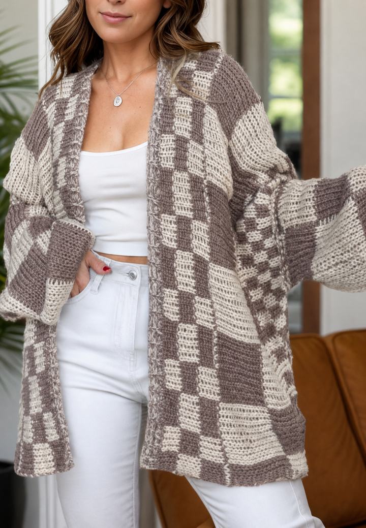 Cardigan tricoté à carreaux pour femme, manches longues, ouvert sur le devant - Bruna