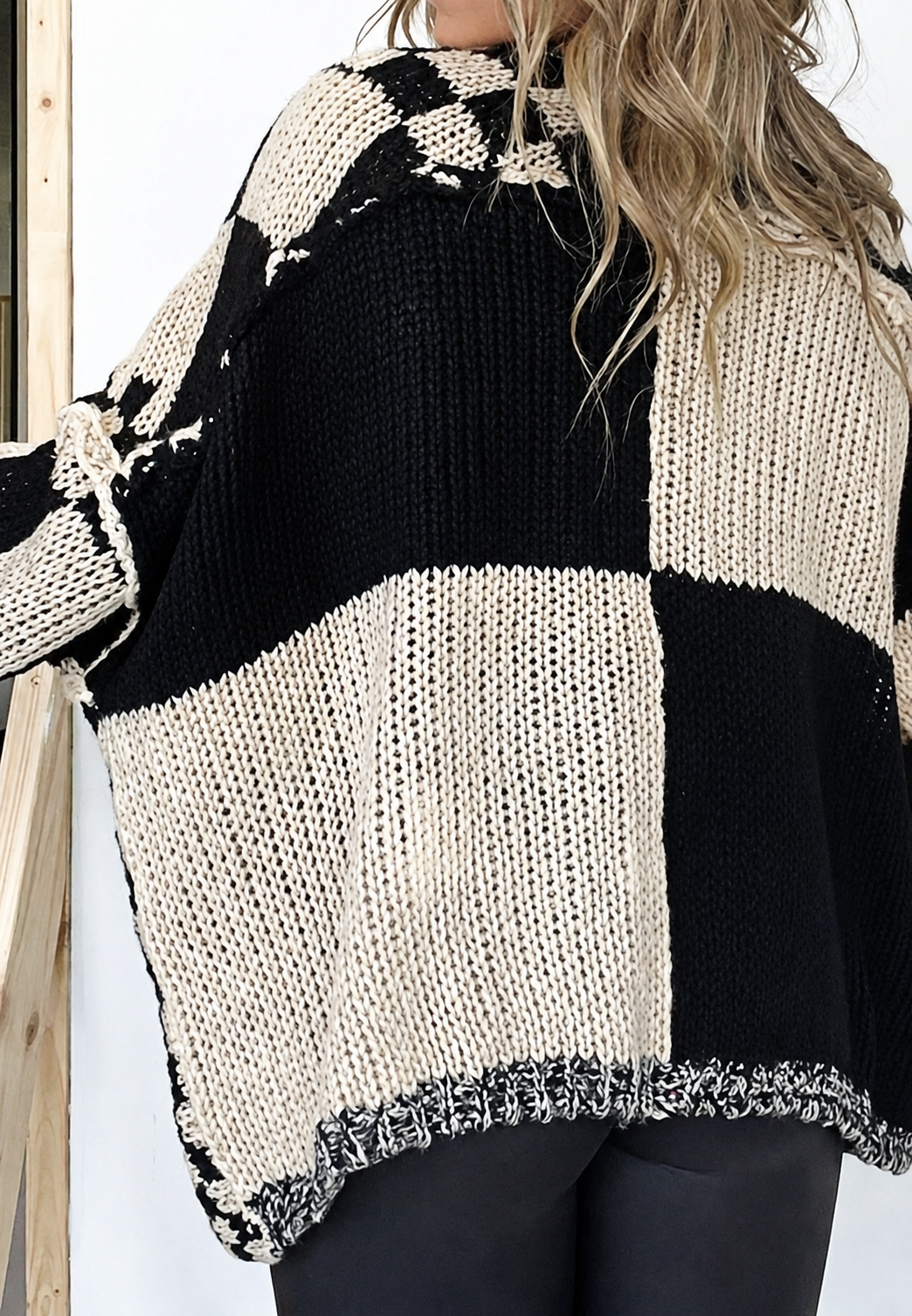 Cardigan tricoté à carreaux pour femme, manches longues, ouvert sur le devant - Bruna