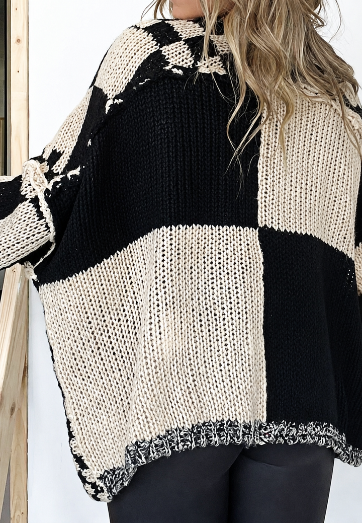 Cardigan tricoté à carreaux pour femme, manches longues, ouvert sur le devant - Bruna