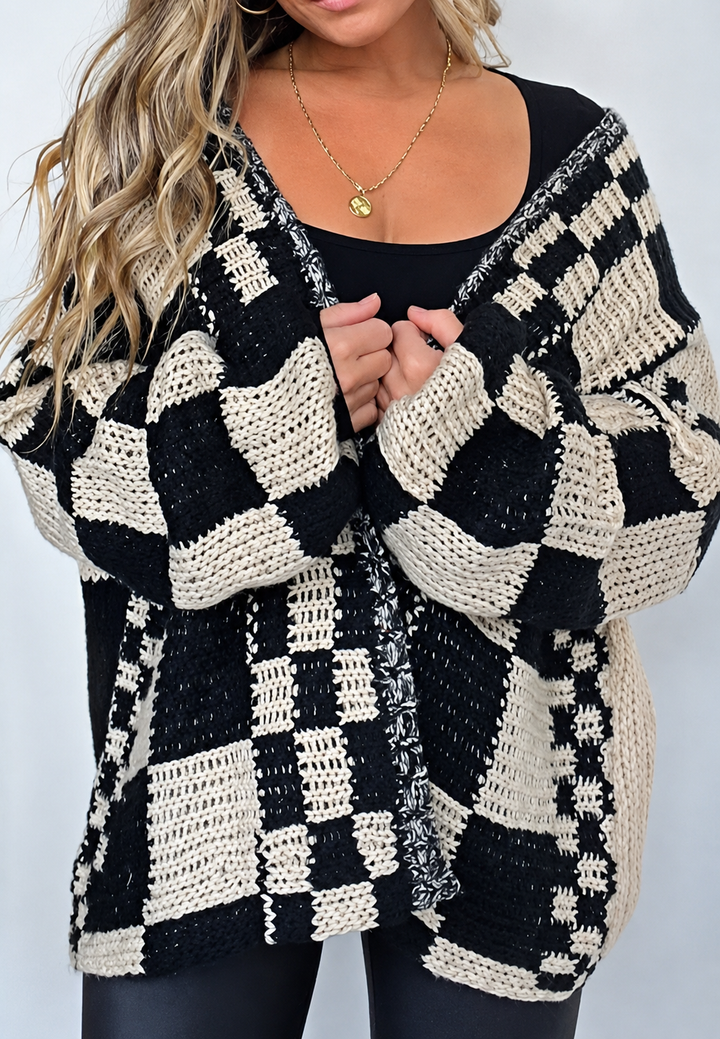 Cardigan tricoté à carreaux pour femme, manches longues, ouvert sur le devant - Bruna