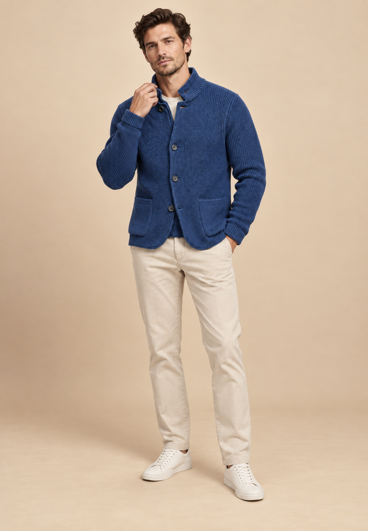 Cardigan homme à boutons, col Perkins, maille texturée, poches - Cedric