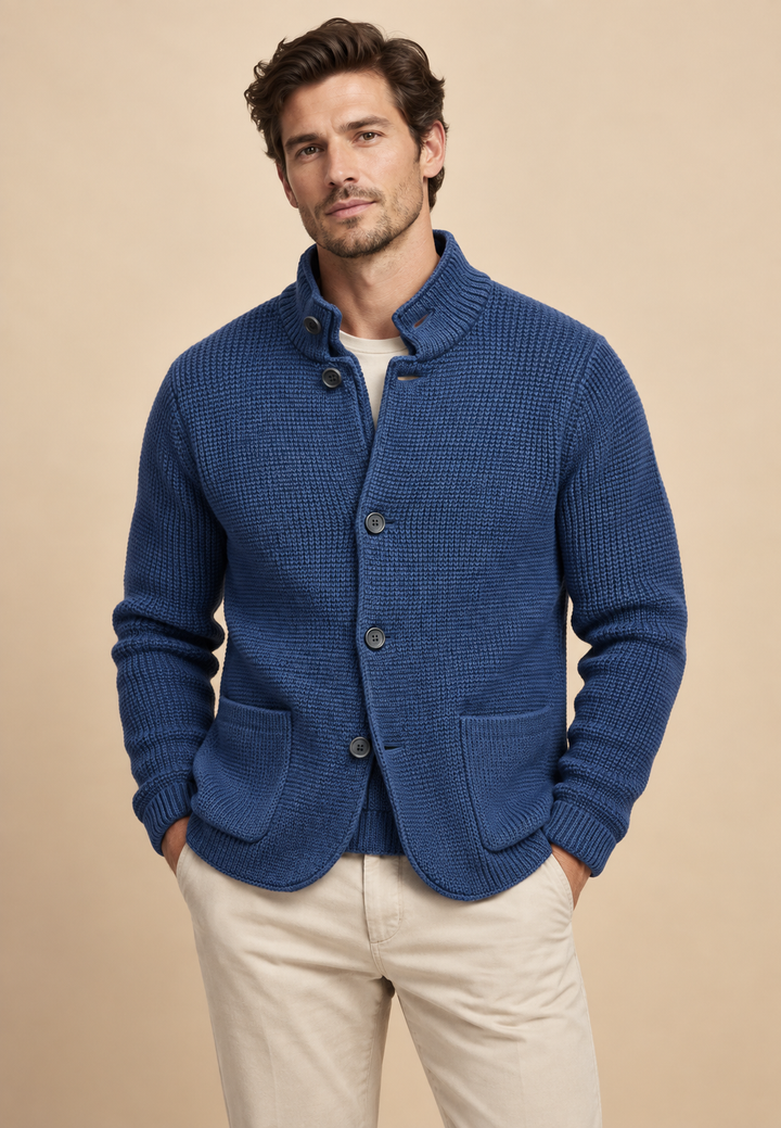 Cardigan homme à boutons, col Perkins, maille texturée, poches - Cedric
