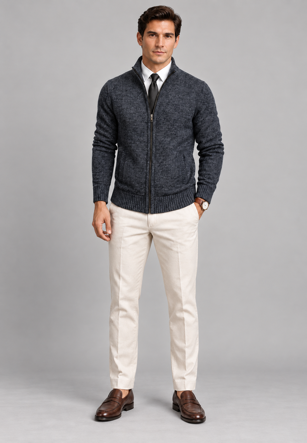 Cardigan homme à col montant, fermeture éclair sur toute la longueur, maille texturée - Dorian