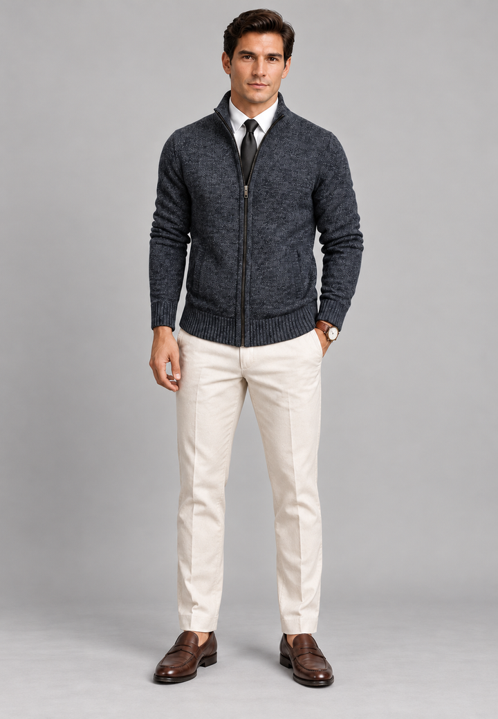 Cardigan homme à col montant, fermeture éclair sur toute la longueur, maille texturée - Dorian