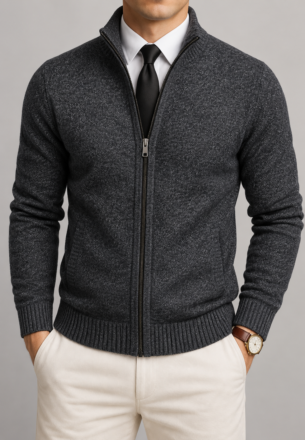 Cardigan homme à col montant, fermeture éclair sur toute la longueur, maille texturée - Dorian