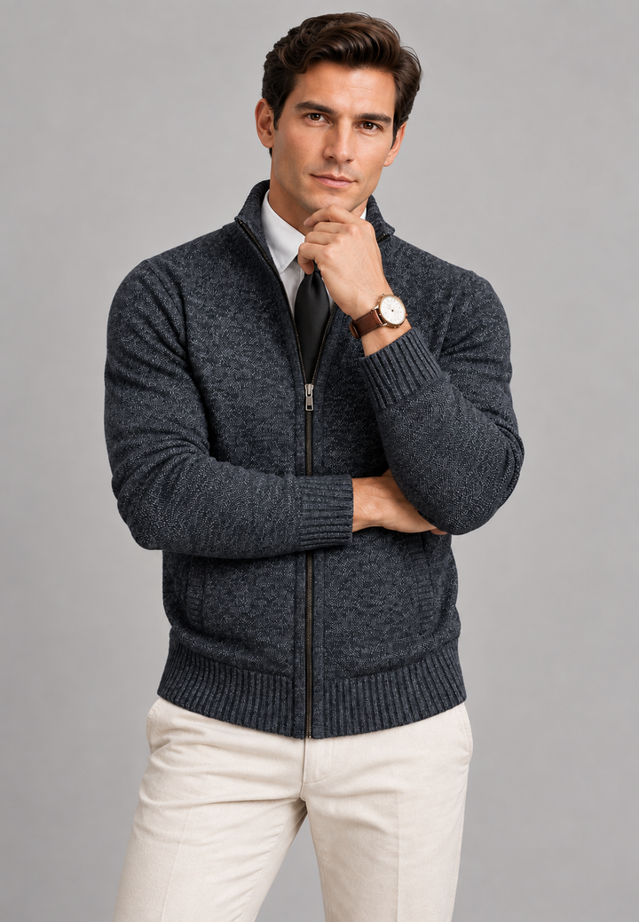 Cardigan homme à col montant, fermeture éclair sur toute la longueur, maille texturée - Dorian