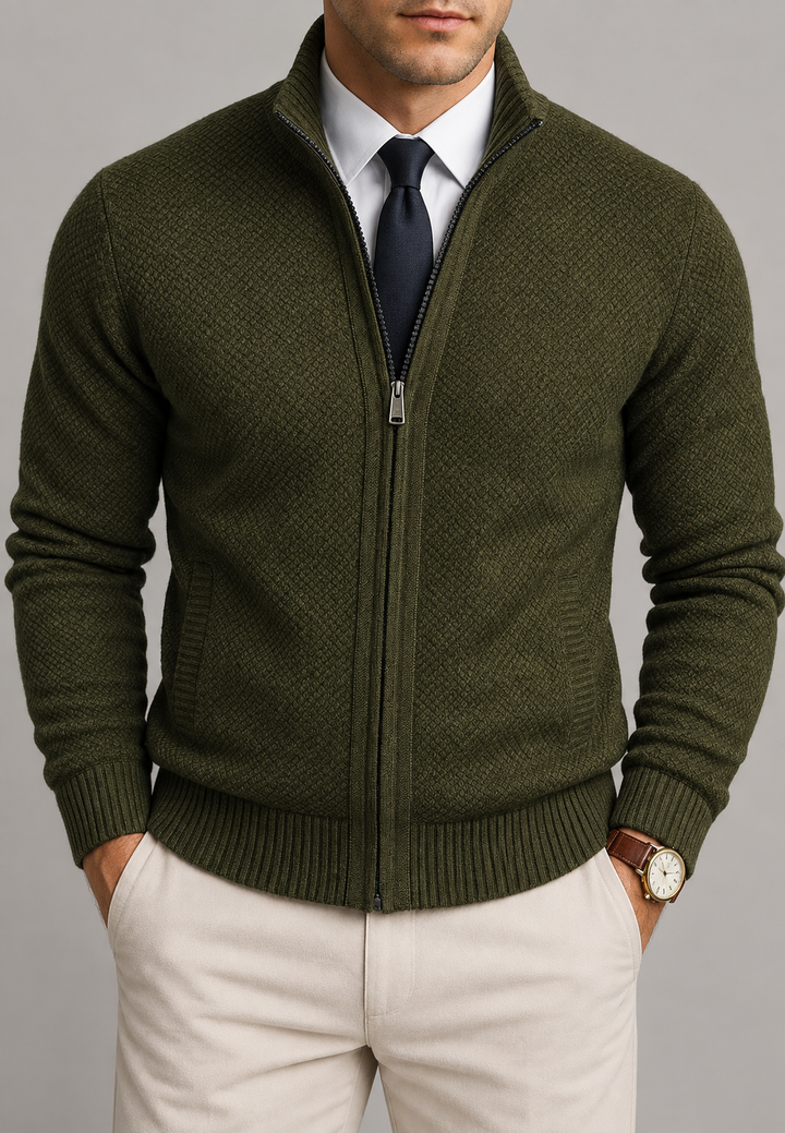 Cardigan homme à col montant, fermeture éclair sur toute la longueur, maille texturée - Dorian