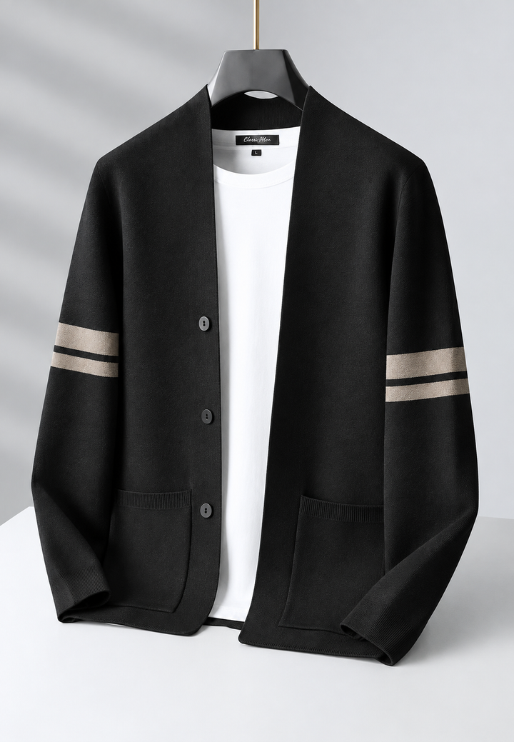 Cardigan homme à col en V, rayures sur les manches et boutons - Lennart