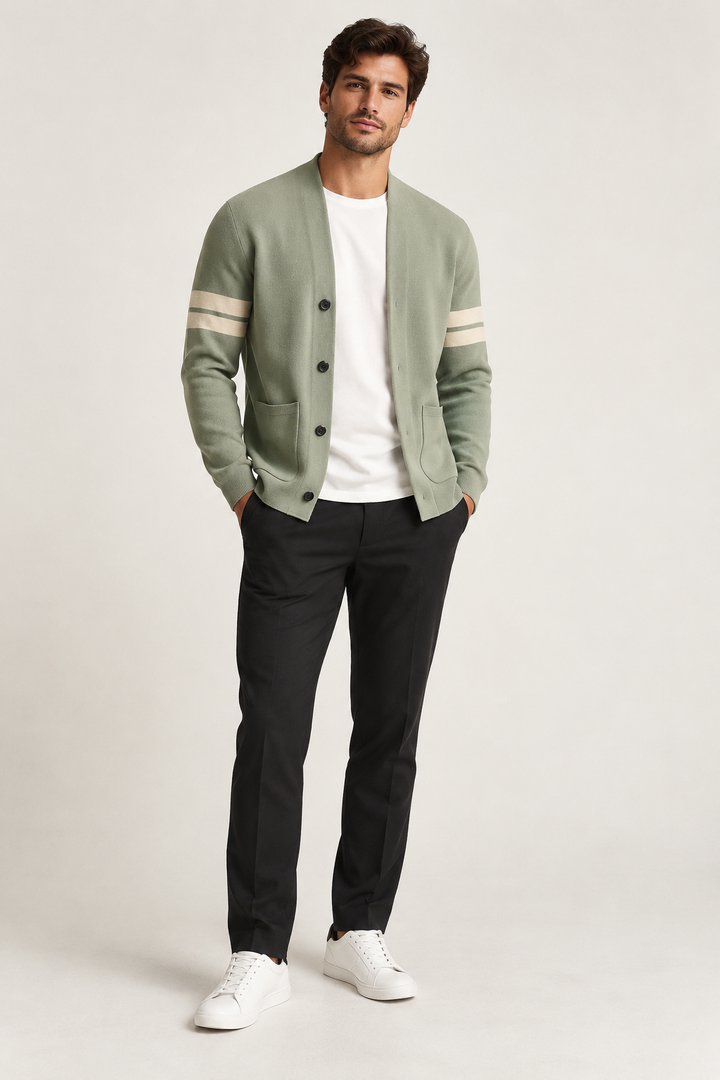 Cardigan homme à col en V, rayures sur les manches et boutons - Lennart