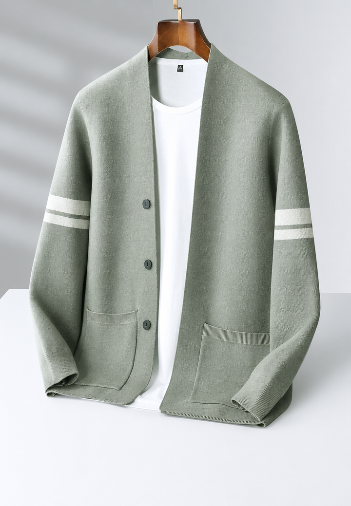 Cardigan homme à col en V, rayures sur les manches et boutons - Lennart