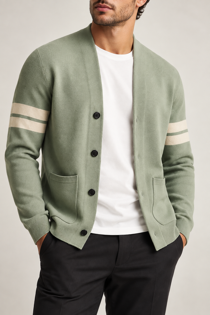 Cardigan homme à col en V, rayures sur les manches et boutons - Lennart